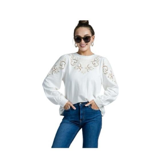 Fate Eyelet White Ivory Cream Pullover Crewneck Sweater Sweatshirt Size Large - Picture 1 of 9